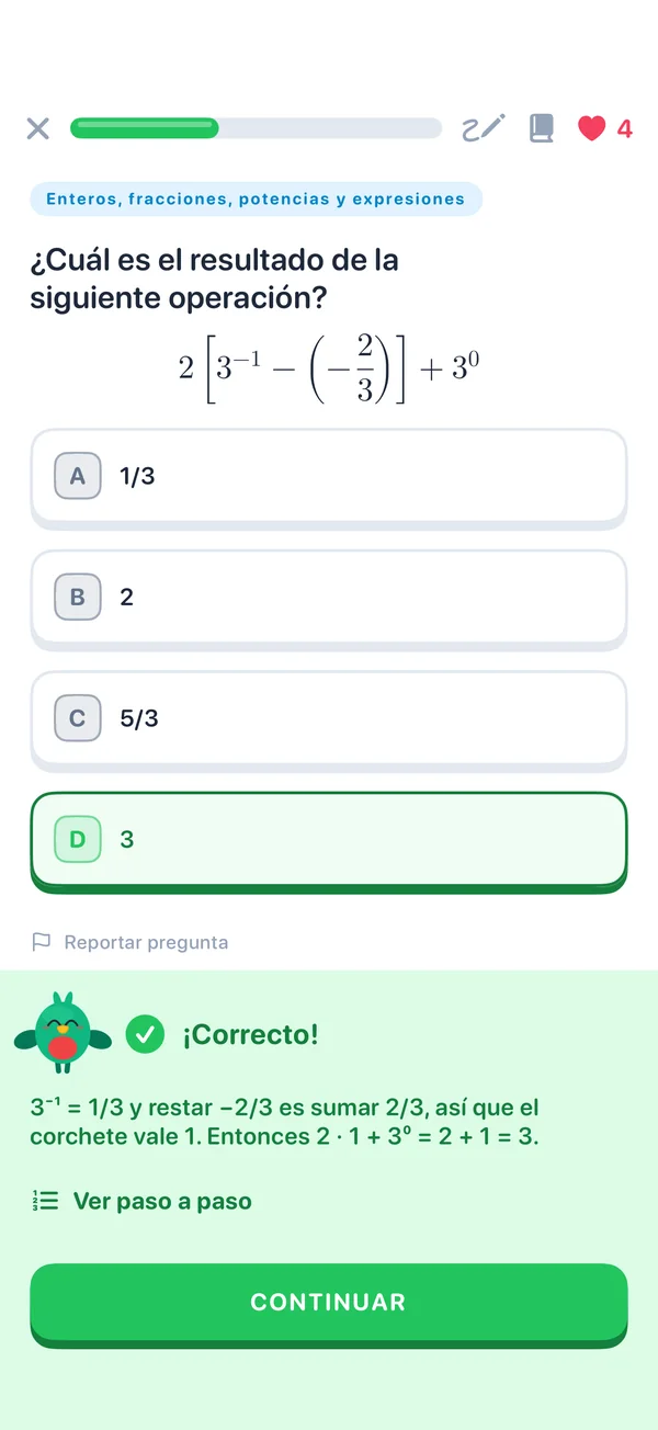 Una pregunta de Matemáticas respondida correctamente, con su explicación